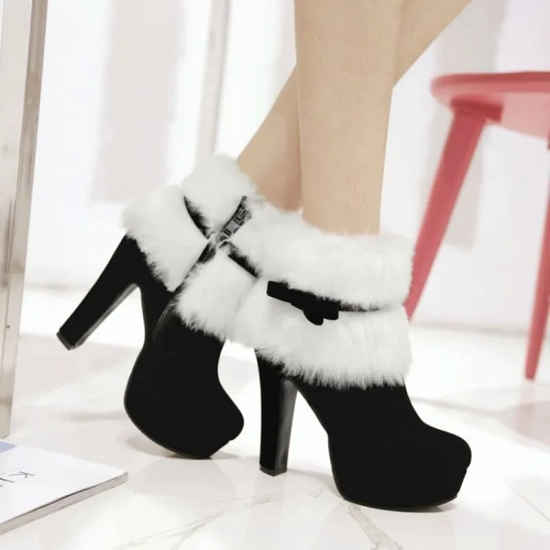 Red and White Plush Winter Christmas Heel Party Booties