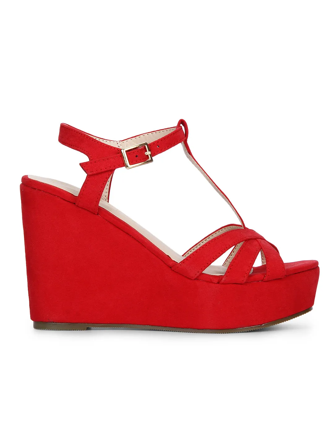 Red Strappy Peep Toe Ankle Strap Wedges