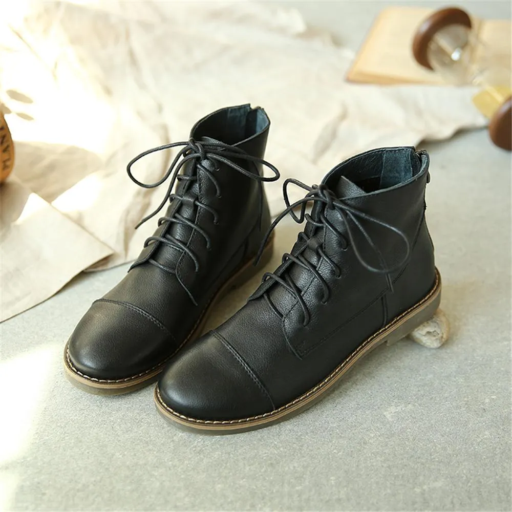 Retro Leather Women'S Martin Boots Handmade Lace-Up Round Toe Flat Ankle Booties Black/Grey