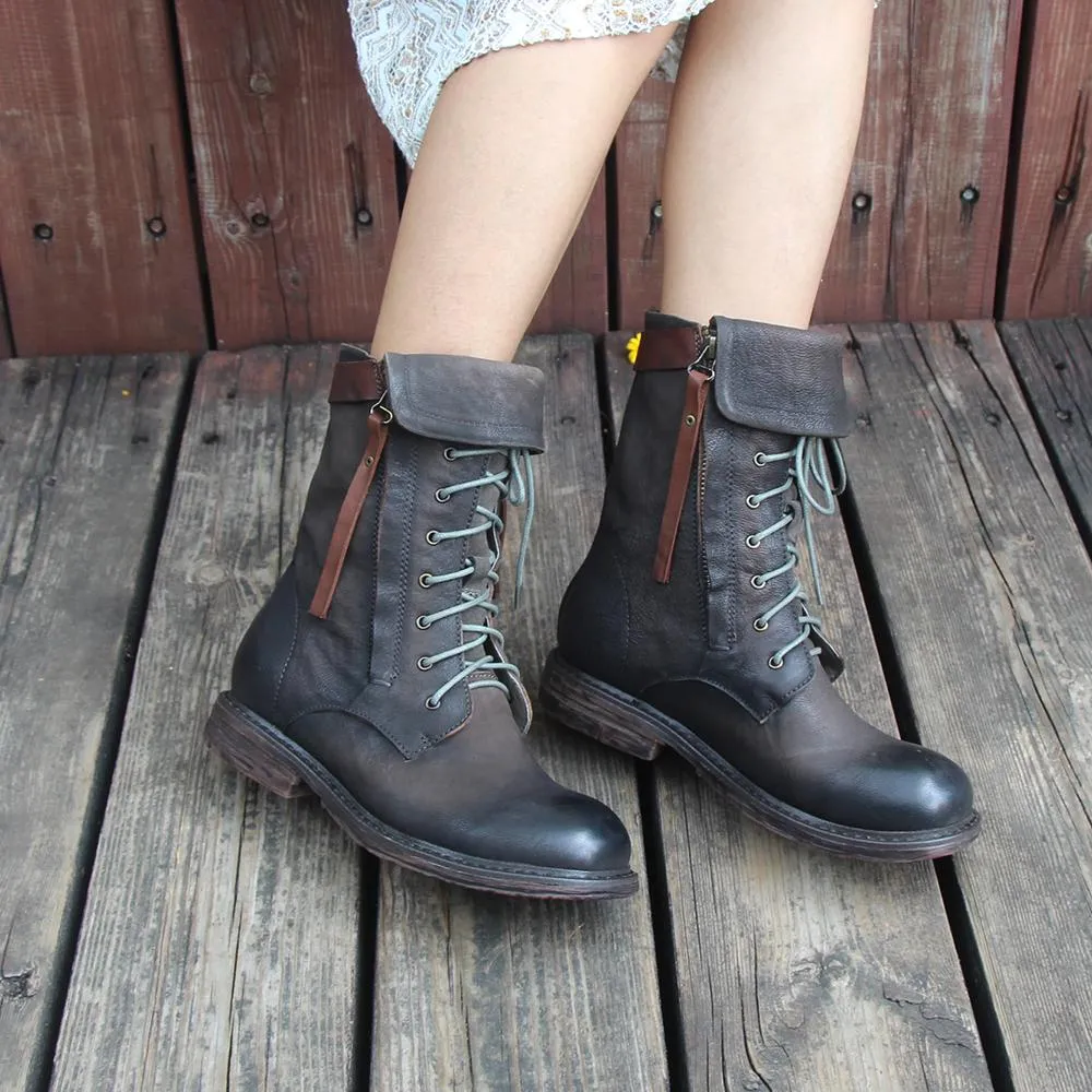 Retro Short Boots Women Handmade Genuine Leather Martin Boots Women Biker Boots Black