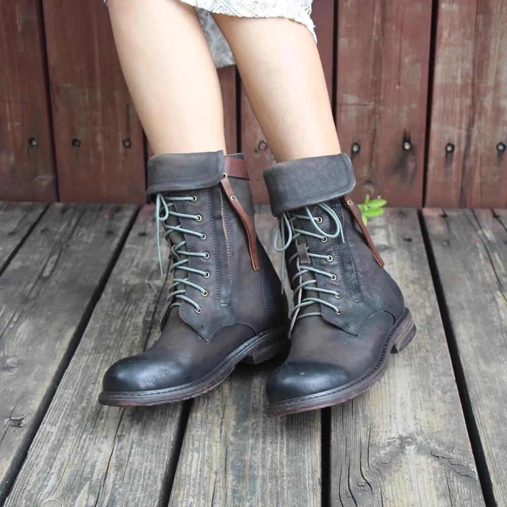 Retro Short Boots Women Handmade Genuine Leather Martin Boots Women Biker Boots Black