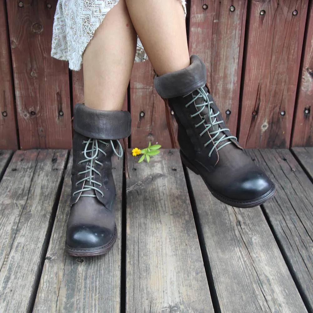 Retro Short Boots Women Handmade Genuine Leather Martin Boots Women Biker Boots Black