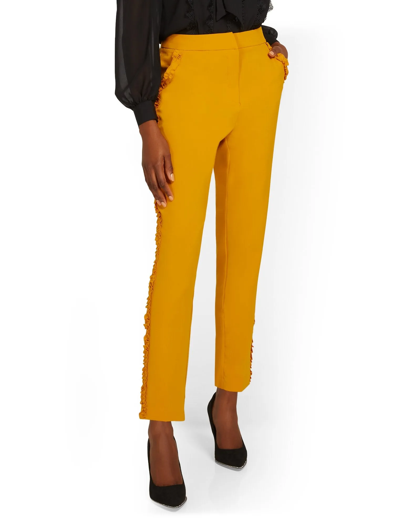 Side-Ruffle Slim-Leg Ankle Pant - Essential Stretch