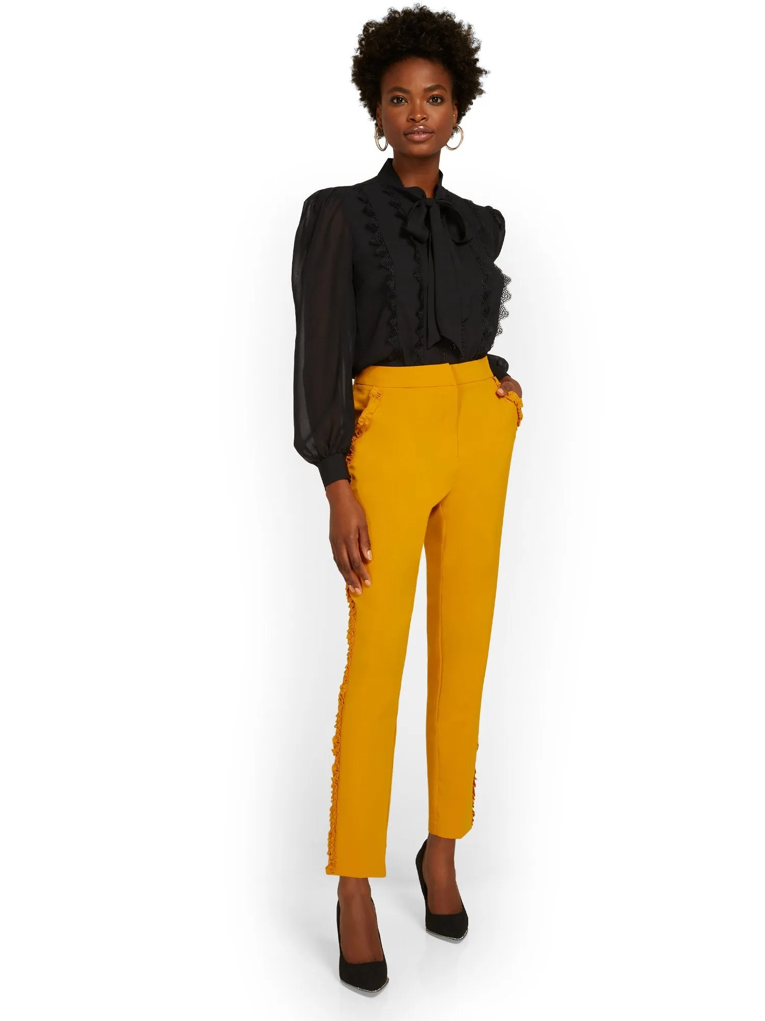 Side-Ruffle Slim-Leg Ankle Pant - Essential Stretch