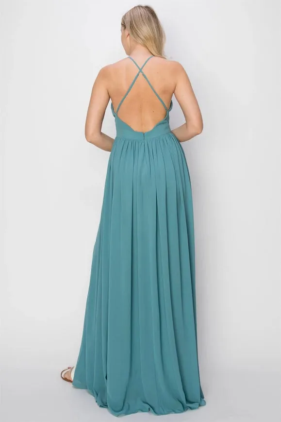 SLEEVELESS Double Strap Slit Maxi Dress D.TURQUOISE