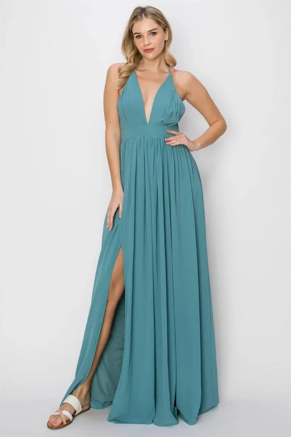 SLEEVELESS Double Strap Slit Maxi Dress D.TURQUOISE