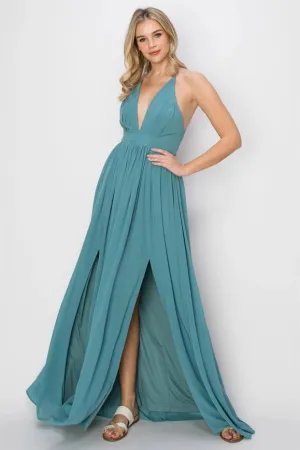 SLEEVELESS Double Strap Slit Maxi Dress D.TURQUOISE