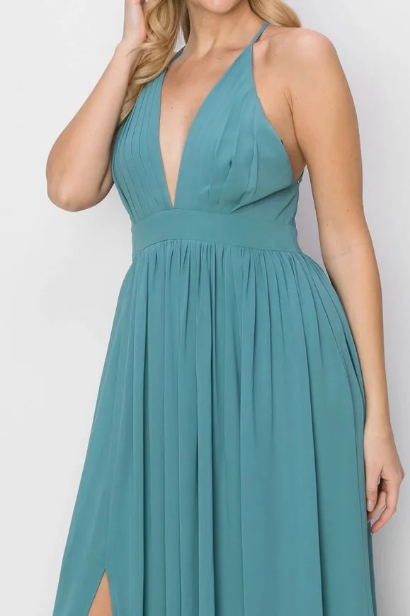 SLEEVELESS Double Strap Slit Maxi Dress D.TURQUOISE