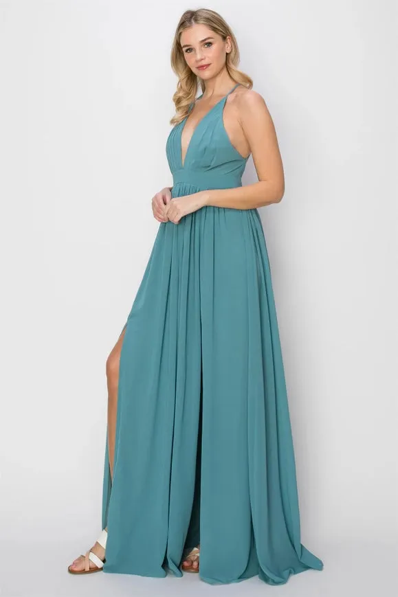 SLEEVELESS Double Strap Slit Maxi Dress D.TURQUOISE