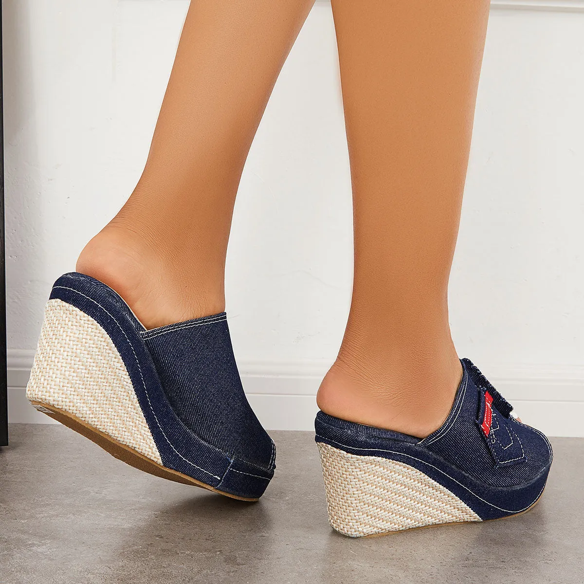 Sohiwoo Peep Toe Espadrille Platform Wedges Backless Slide Sandals