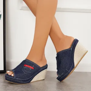 Sohiwoo Peep Toe Espadrille Platform Wedges Backless Slide Sandals