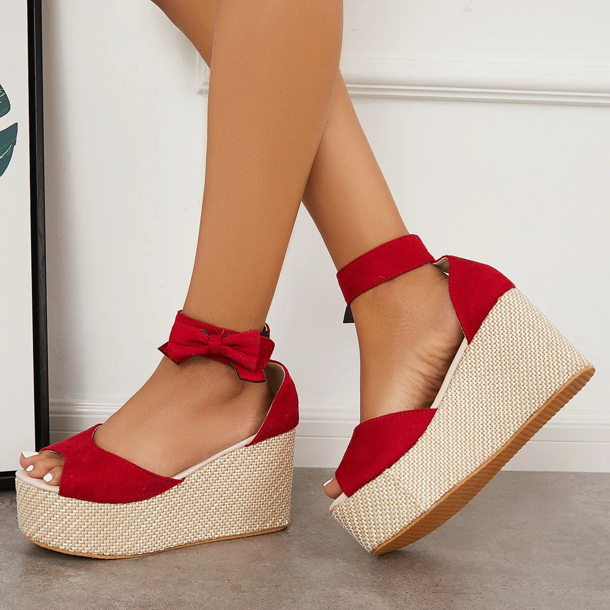 Sohiwoo Peep Toe Espadrille Platform Wedges Velcro Strap Sandals