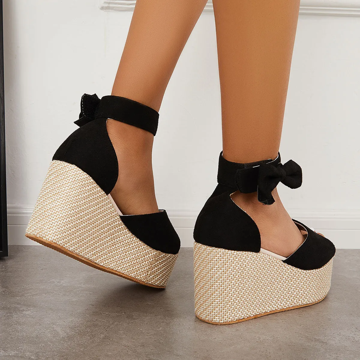 Sohiwoo Peep Toe Espadrille Platform Wedges Velcro Strap Sandals