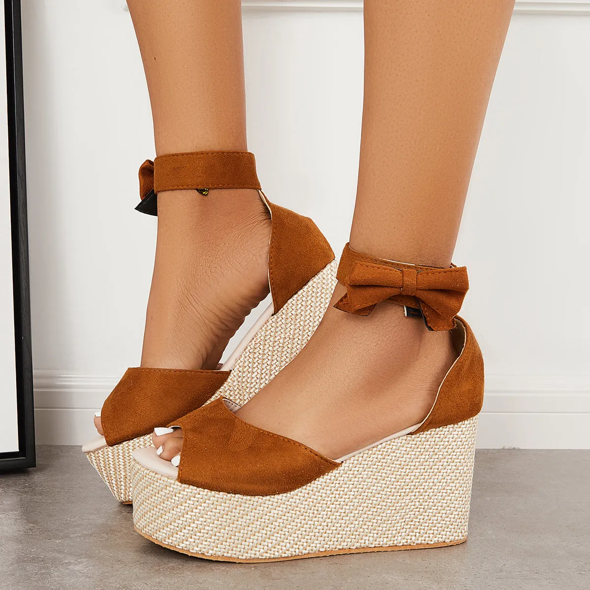 Sohiwoo Peep Toe Espadrille Platform Wedges Velcro Strap Sandals