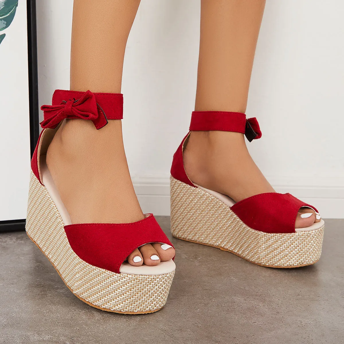 Sohiwoo Peep Toe Espadrille Platform Wedges Velcro Strap Sandals