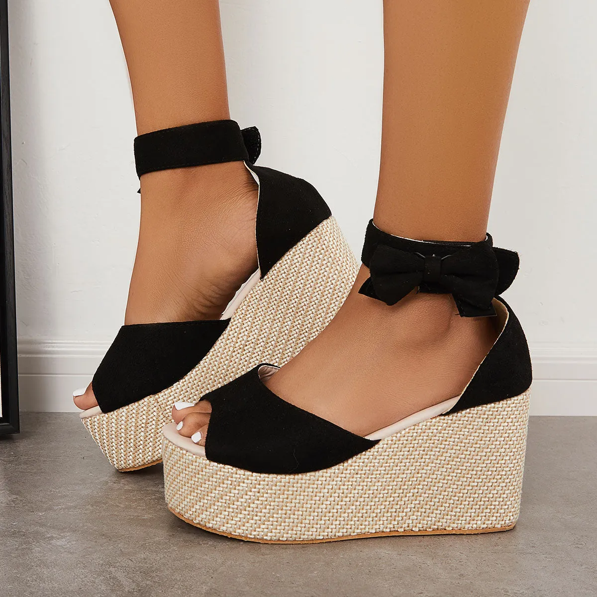 Sohiwoo Peep Toe Espadrille Platform Wedges Velcro Strap Sandals