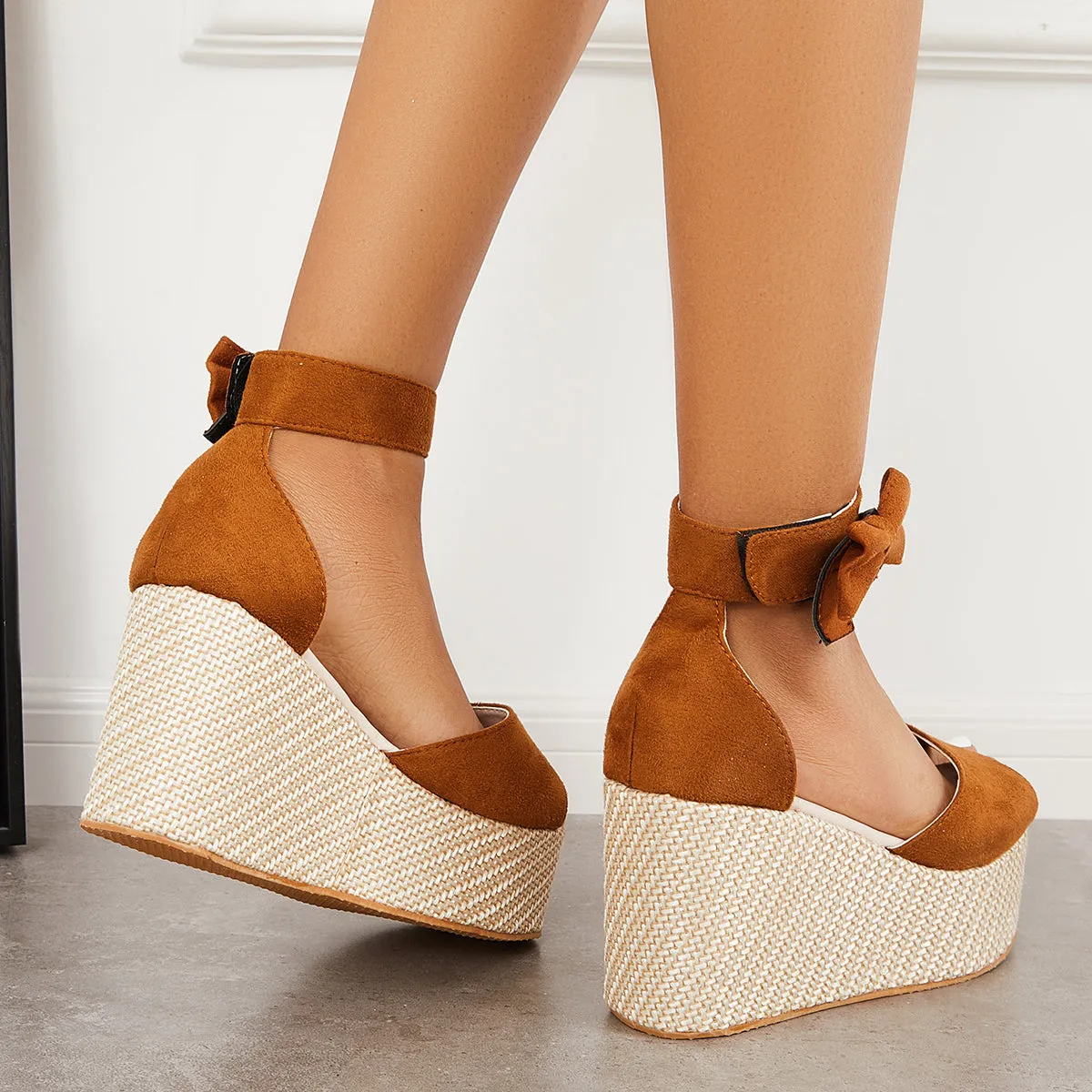 Sohiwoo Peep Toe Espadrille Platform Wedges Velcro Strap Sandals