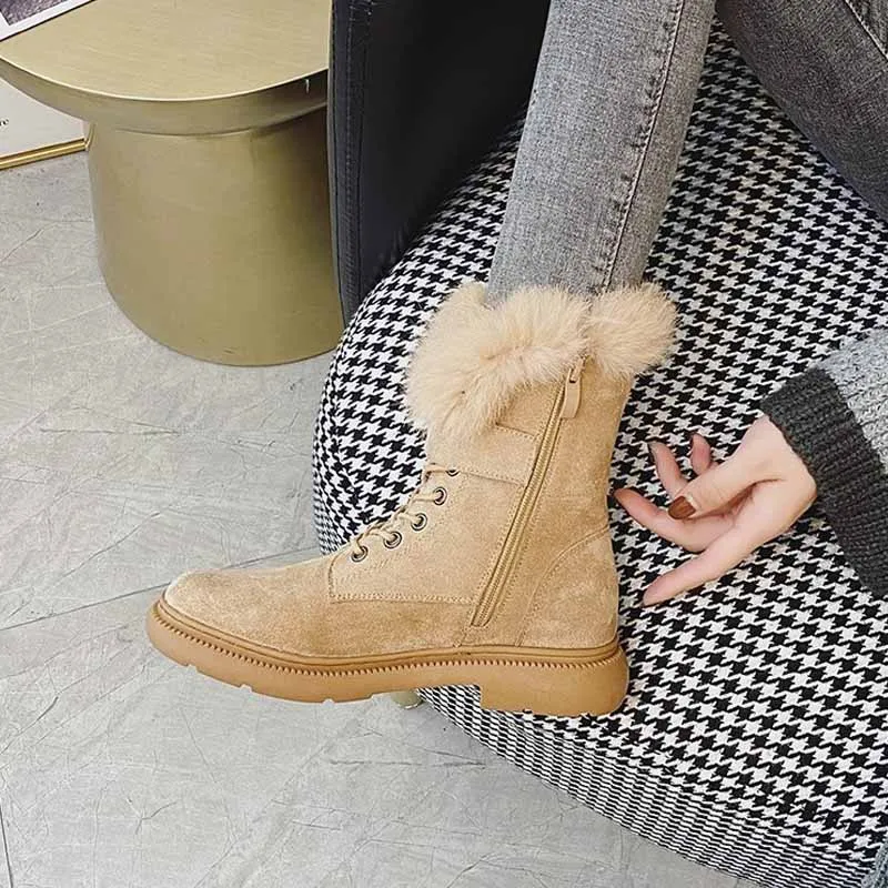 Suede Leather Fluffy Mid-calf Fur Warm Winter Boots for Women