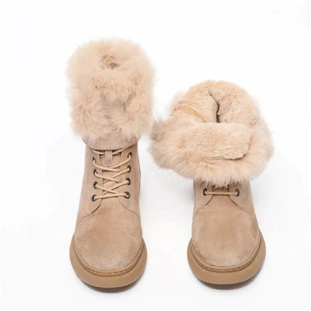 Suede Leather Fluffy Mid-calf Fur Warm Winter Boots for Women