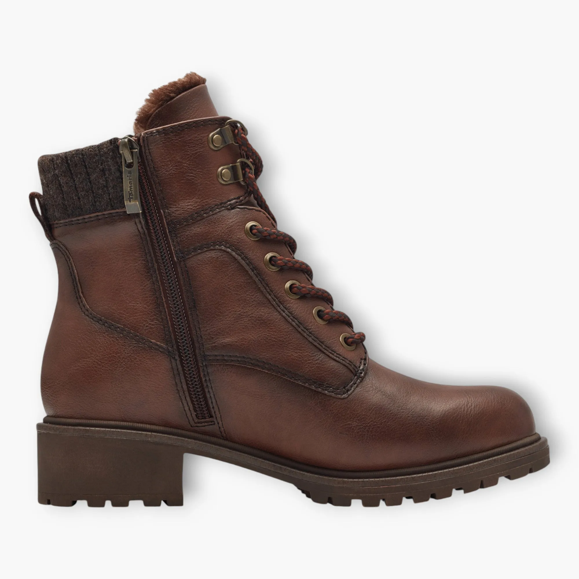 Tamaris Brown Boots with Rope-Style Laces & Chunky Sole - DUOTEX, Fur-Lined Tongue, Side Zip, Comfort Fit