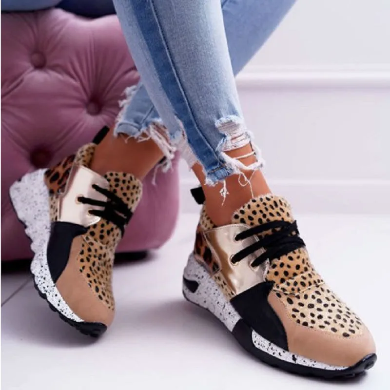 Trendy Leopard Print  Flat Bottom  High-Top Sneakers with  Gold Accents