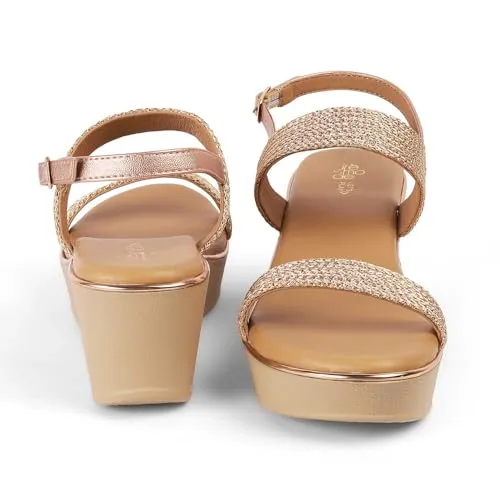 tresmode ADOLA Women's Wedges Sandals Platform Heels Champagne, 4 UK / 37 EU - Round Toe Stylish Comfortable Soft Footwear Leather Durable