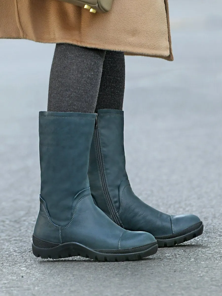 Wide Fit Handmade Leather Side Zip Calf Length Boots For Cold Winter Designer Shoes Black/Blue