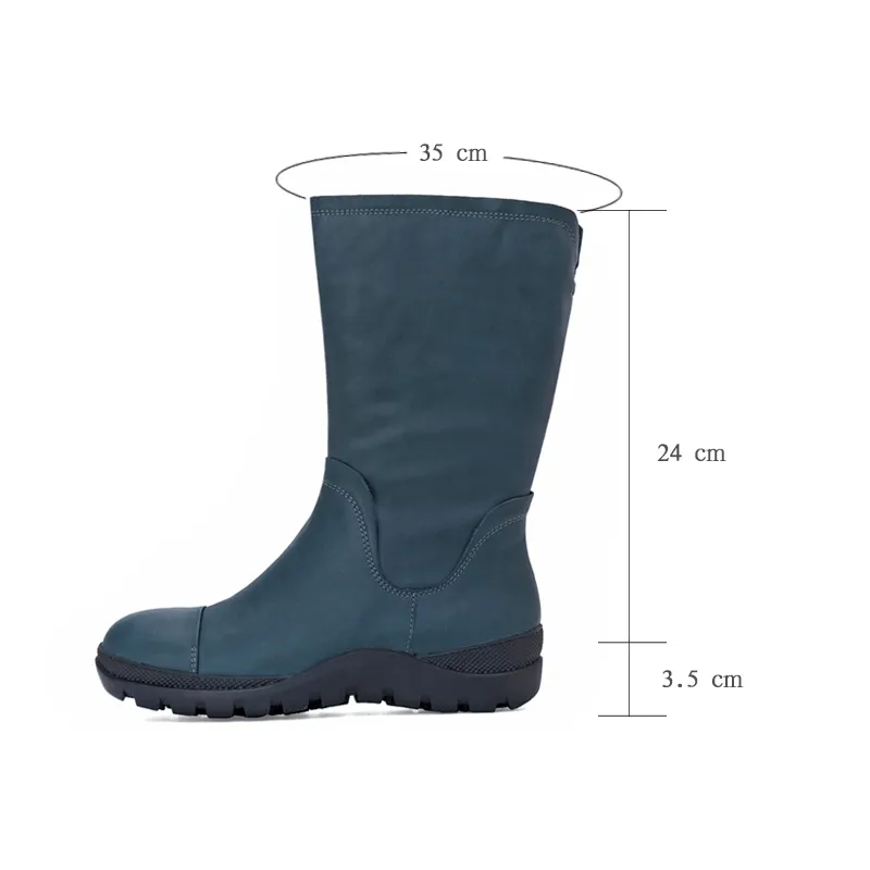 Wide Fit Handmade Leather Side Zip Calf Length Boots For Cold Winter Designer Shoes Black/Blue