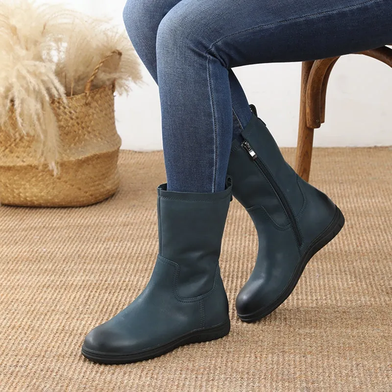 Wide Fit Handmade Leather Side Zip Mid Calf Boots For Winter Designer Shoes in Black/Blue