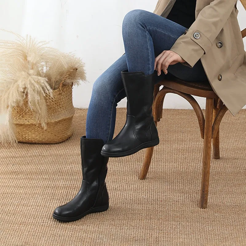 Wide Fit Leather Side Zip Calf Length Boots For Winter Designer Shoes Exquisite Suture Black