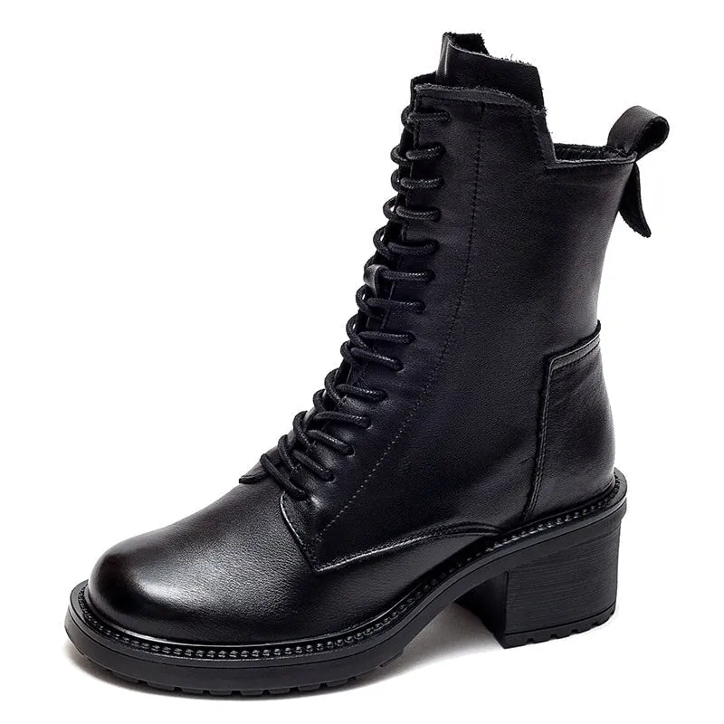 Women Biker Boots Lace-Up Combat Boots Retro Short Boots 60mm Block Heel in Black/Brown