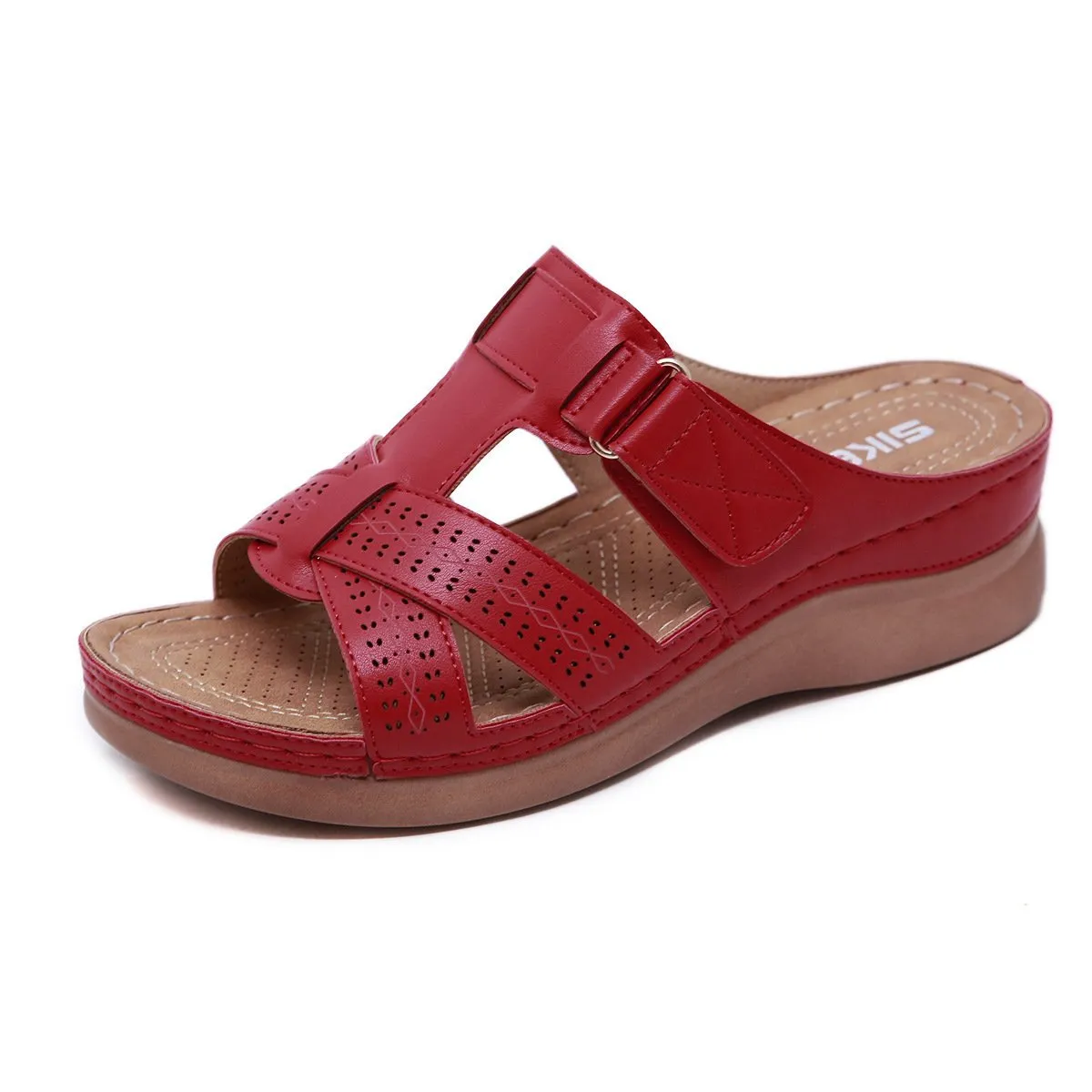 Women summer peep toe platform wedge slides arch support velcro slides