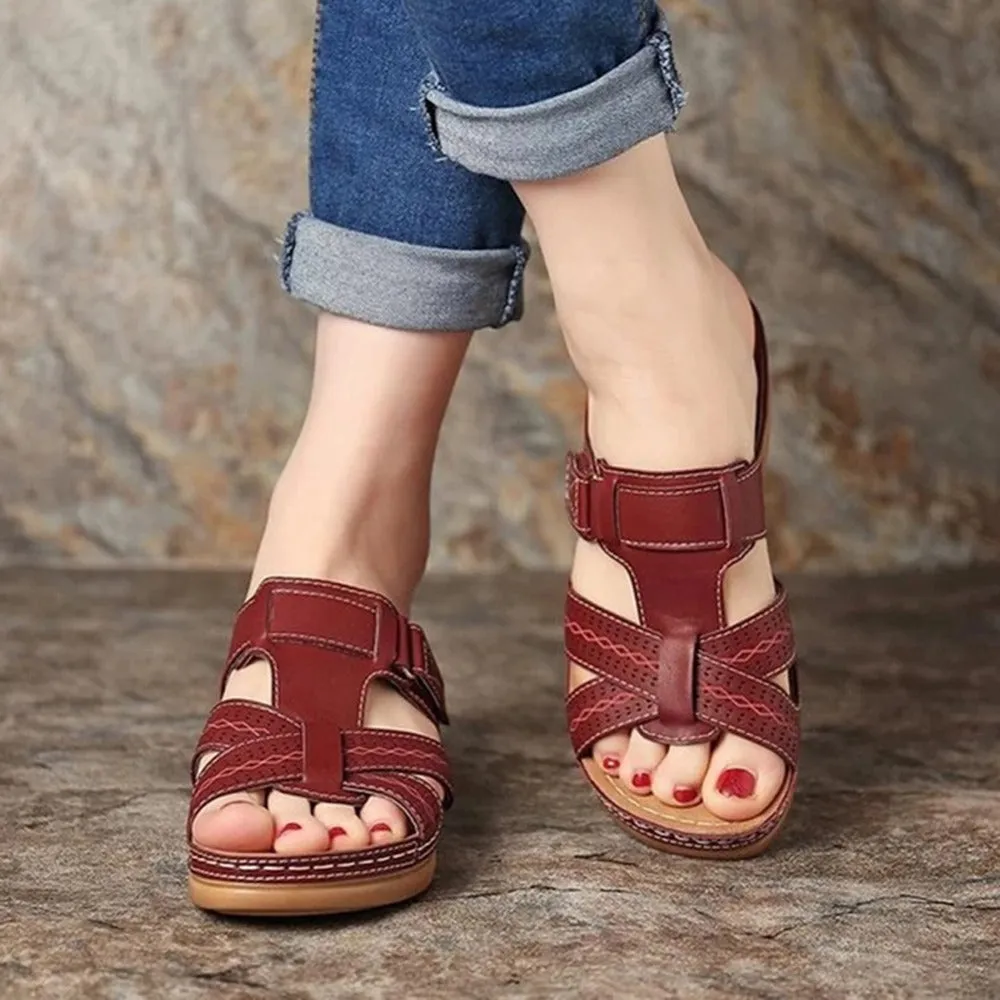 Women summer peep toe platform wedge slides arch support velcro slides