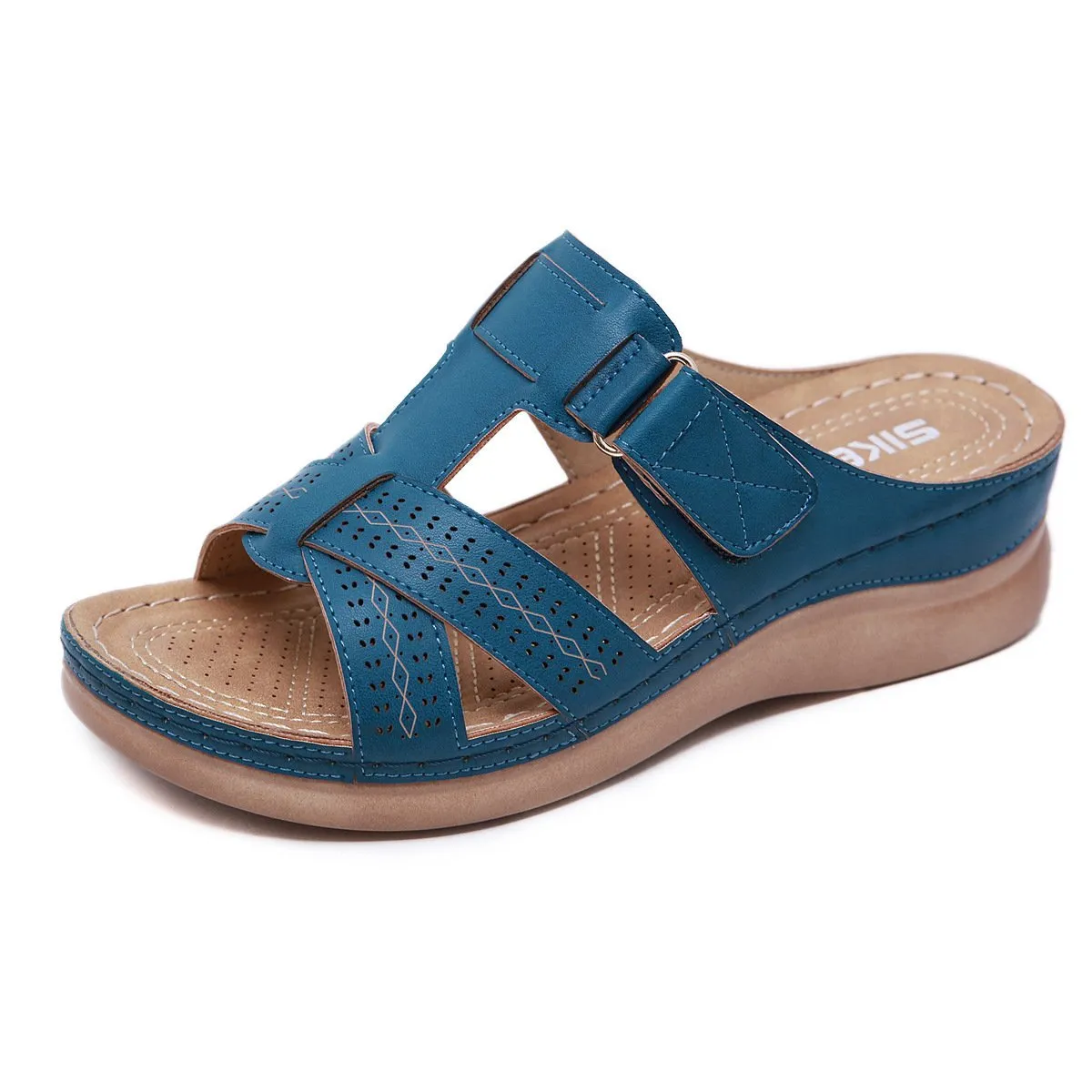 Women summer peep toe platform wedge slides arch support velcro slides