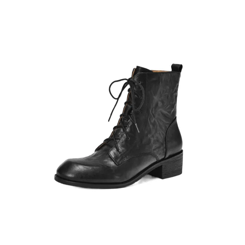 Women's Boots Handmade Cowhide Leather Lace-Up Combat Boots Martin Boots Black/Brown