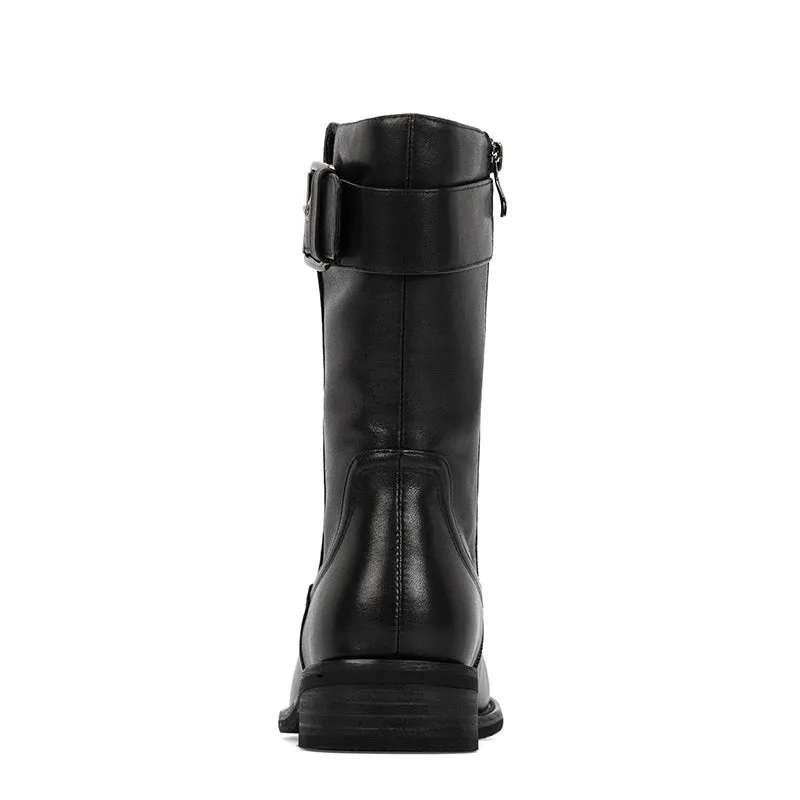 Womens Retro Leather Mid Calf Boots for Cold Winter classic Martin boots Black Short Plush Lining