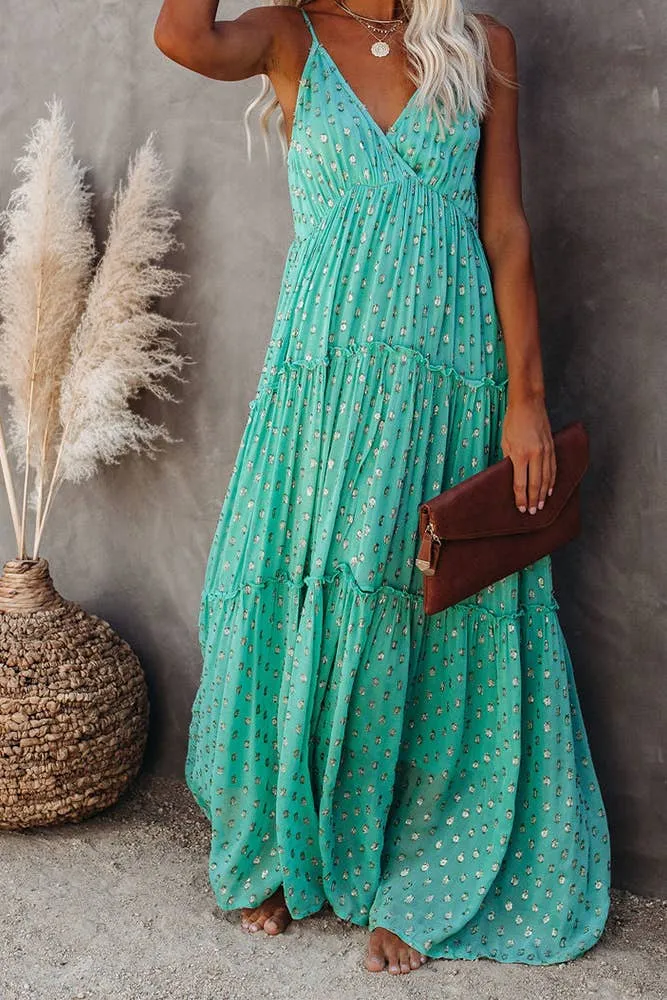 Women's Unishe Teal Aqua Floral polka dot maxi slip dress