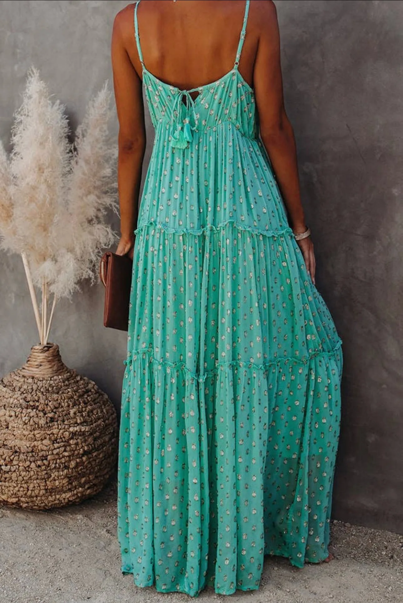 Women's Unishe Teal Aqua Floral polka dot maxi slip dress