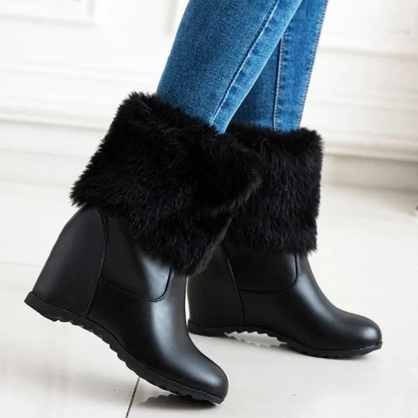 Women's winter fur warm plush wedge heels snow boots