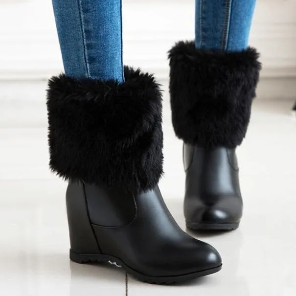 Women's winter fur warm plush wedge heels snow boots