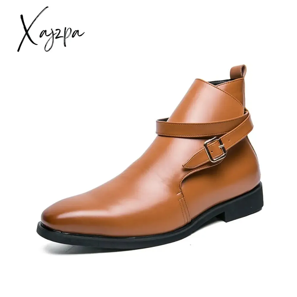 Xajzpa - New Men Ankle Boots Brown Black Red  Classic Business Casual Fashion Party Wild Personality Buckle Men Shoes Free Shiping