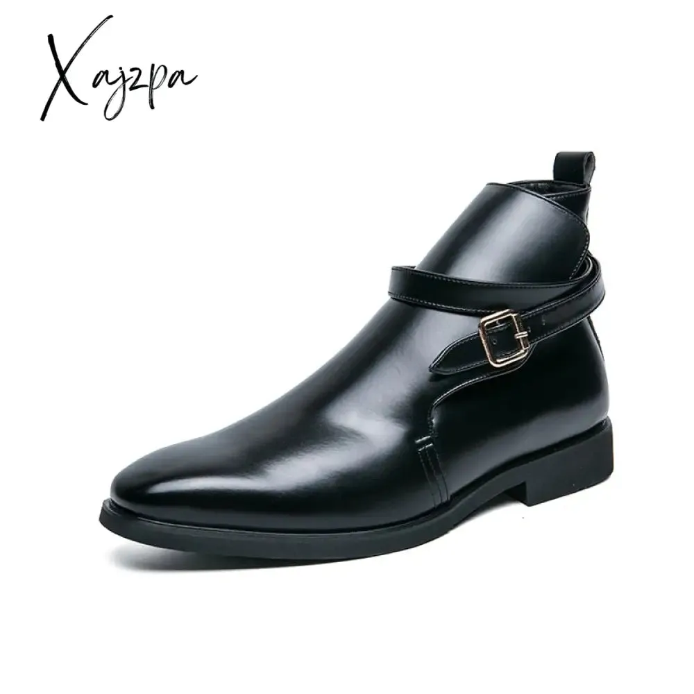 Xajzpa - New Men Ankle Boots Brown Black Red  Classic Business Casual Fashion Party Wild Personality Buckle Men Shoes Free Shiping